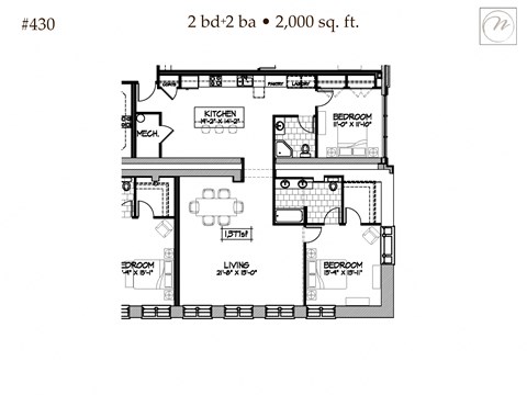 Floor plan for 2 beds, 2 baths